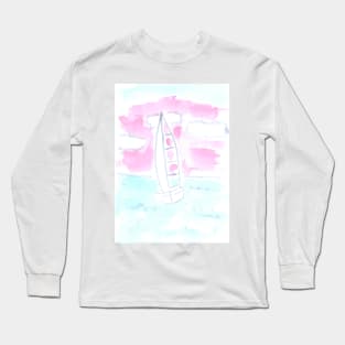 Yacht, ship, sports, ocean, sea, water, vacation, recreation, transportation, travel, watercolor, watercolour, hand drawn, drawing, illustration, Long Sleeve T-Shirt